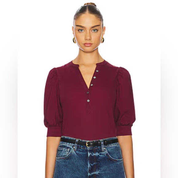 Veronica Beard Coralee 
V-Neck Three-Quarter Sleeve Top in Burgundy - Picture 1 of 3